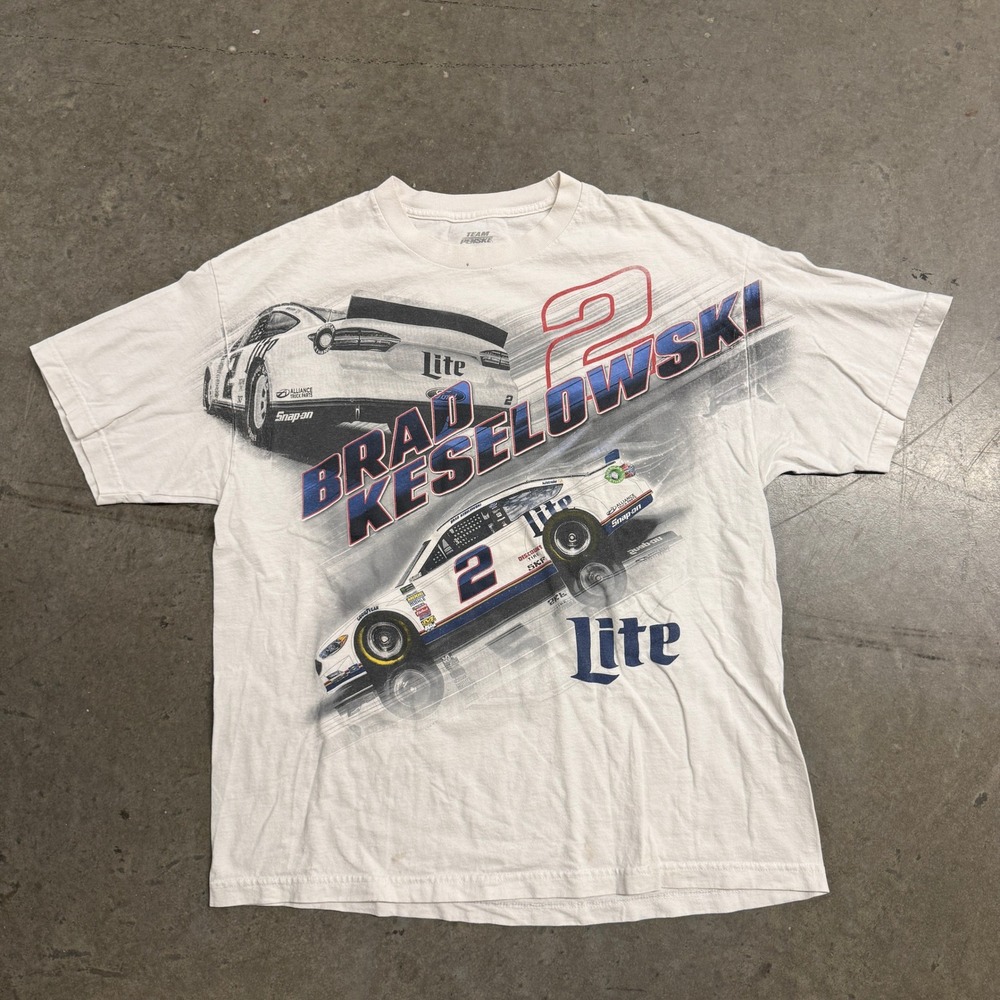 Brad‎ Keselowski Team Penske NASCAR Miller Lite T-Shirt Mens XL White Racing Tee